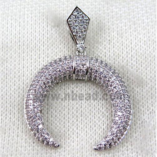 copper crescent moon pendant paved zircon, platinum plated