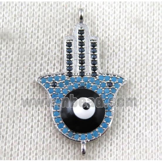 copper hamsahand connector paved zircon with evil eye, platinum plated