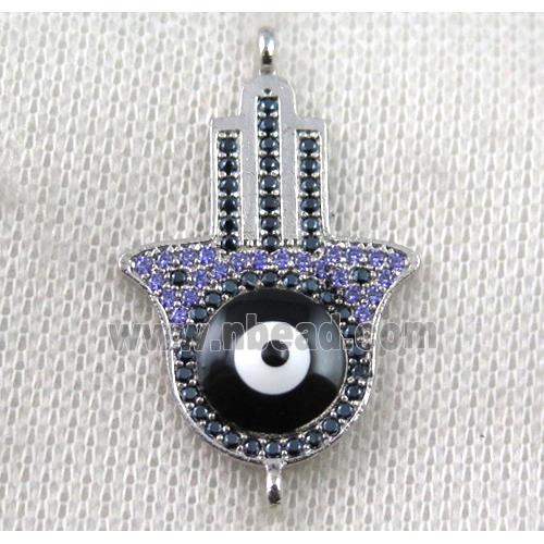 copper hamsahand connector paved zircon with evil eye, platinum plated