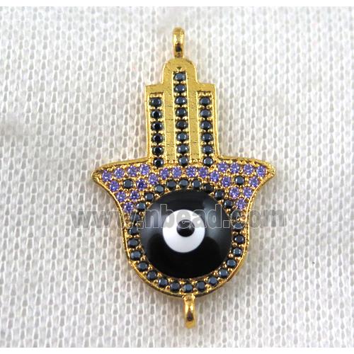 copper hamsahand connector paved zircon with evil eye, gold plated