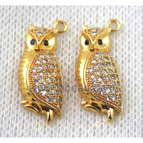 copper owl pendant paved zircon, gold plated