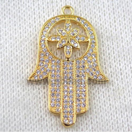 copper hamsahand pendant paved zircon, gold plated