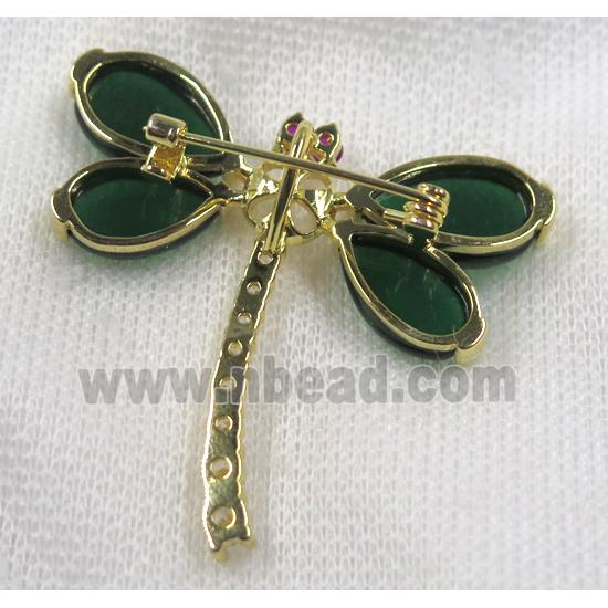 copper dragonfly brooch paved zircon with green jade, gold plated