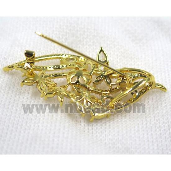 copper flower brooch paved zircon, gold plated