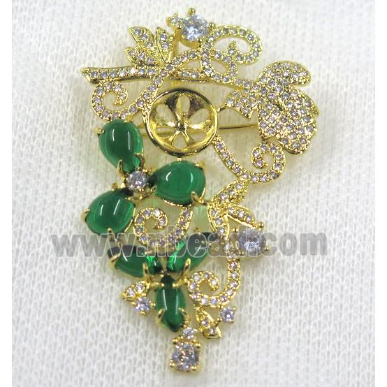 copper brooch paved zircon, gold plated