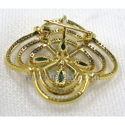 copper brooch paved zircon, gold plated