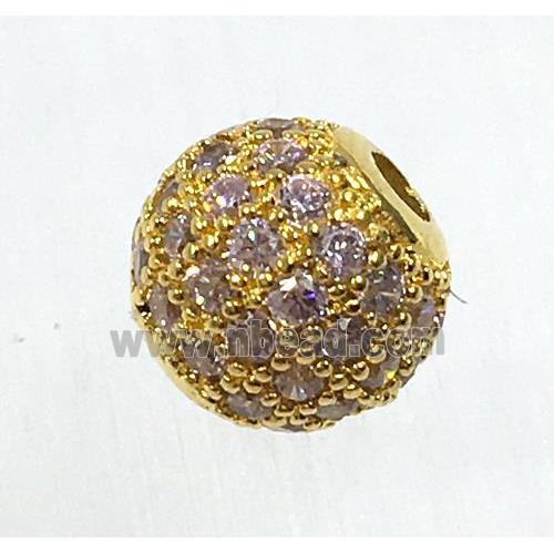 round copper beads pave zircon, gold plated