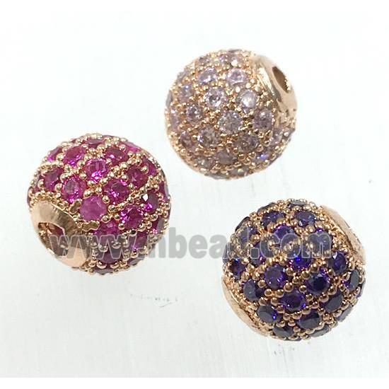 round copper beads pave zircon, gold plated, mix