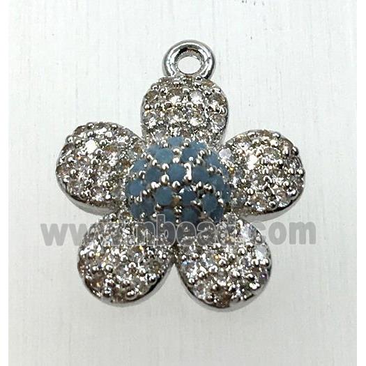 copper flower pendant paved zircon, platinum plated