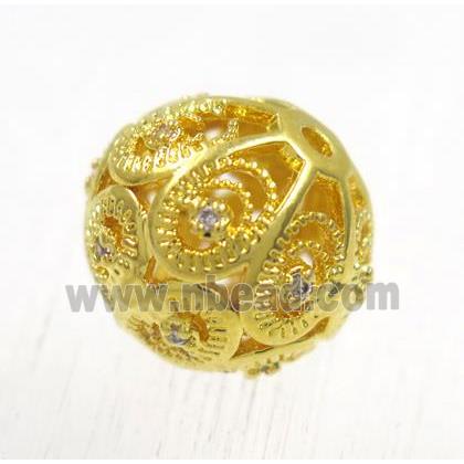 round copper beads pave zircon, gold plated