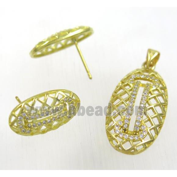 Raw Brass pendant and earring studs paved zircon