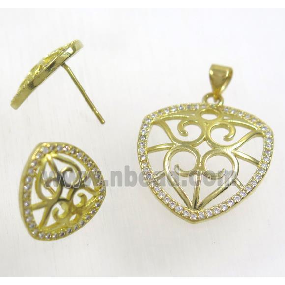 Raw Brass pendant and earring studs paved zircon