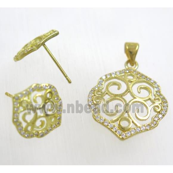 Raw Brass pendant and earring studs paved zircon