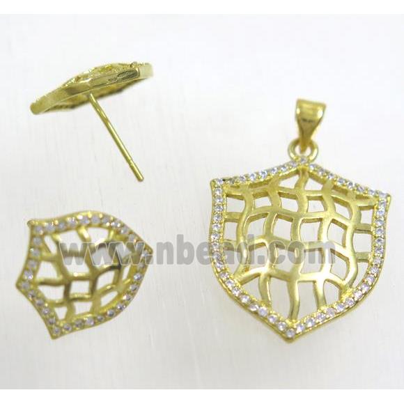 Raw Brass pendant and earring studs paved zircon