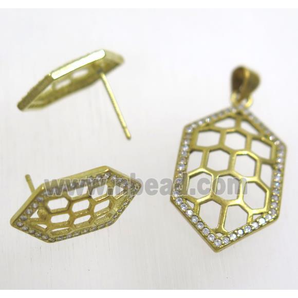 Raw Brass pendant and earring studs paved zircon