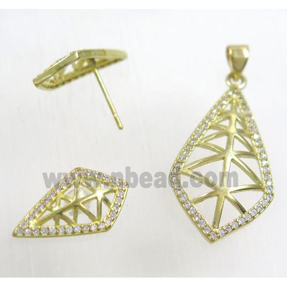 Raw Brass pendant and earring studs paved zircon