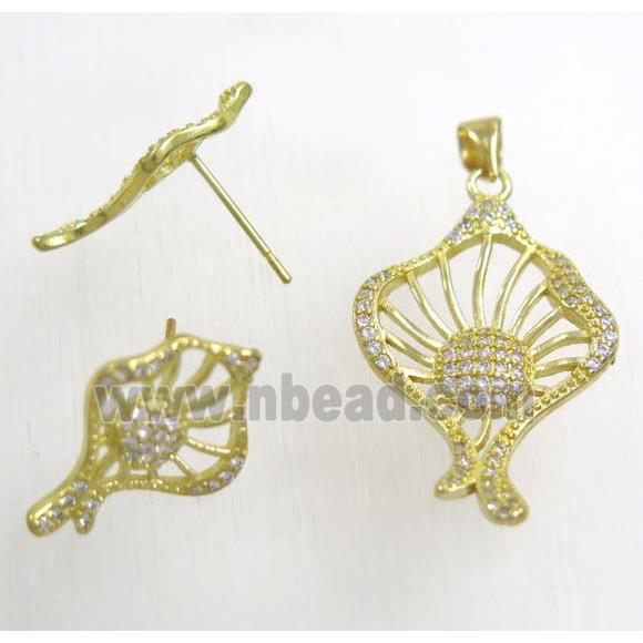 Raw Brass pendant and earring studs paved zircon