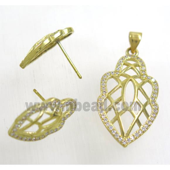 Raw Brass pendant and earring studs paved zircon