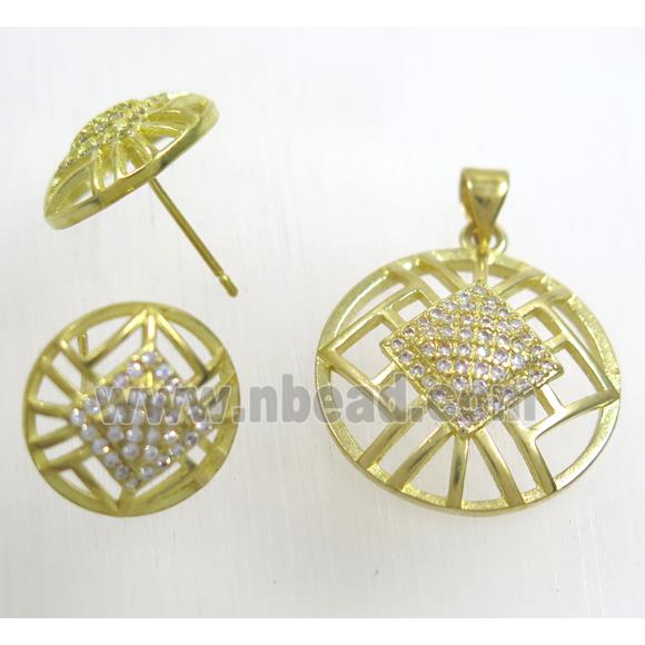 Raw Brass pendant and earring studs paved zircon