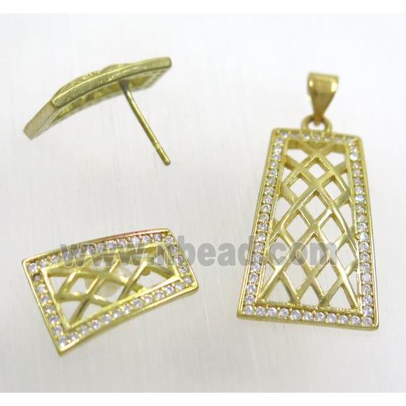 Raw Brass pendant and earring studs paved zircon