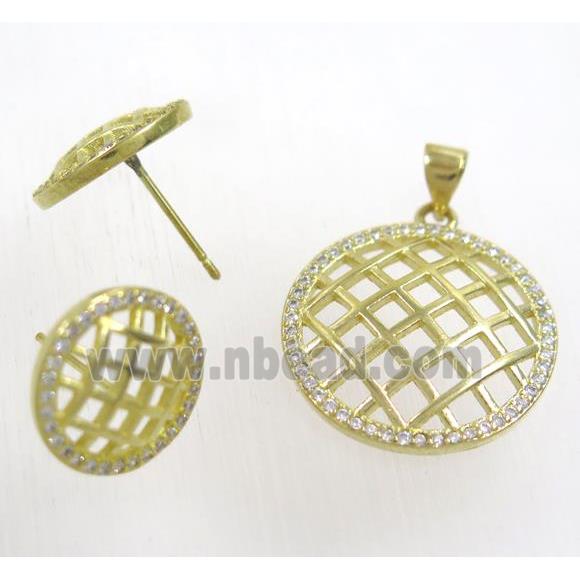 Raw Brass pendant and earring studs paved zircon