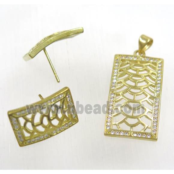 Raw Brass pendant and earring studs paved zircon