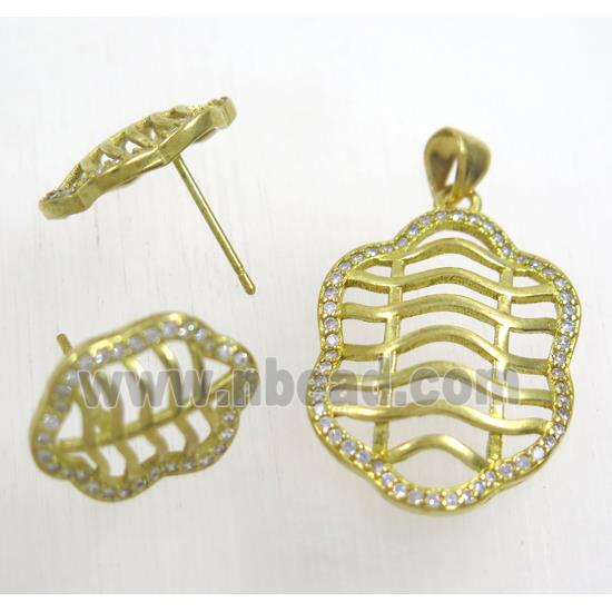 Raw Brass pendant and earring studs paved zircon