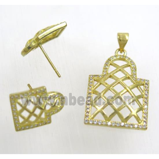 Raw Brass pendant and earring studs paved zircon