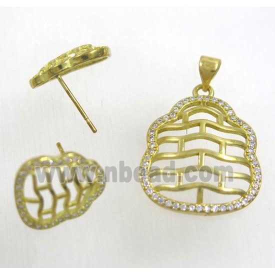 Raw Brass pendant and earring studs paved zircon