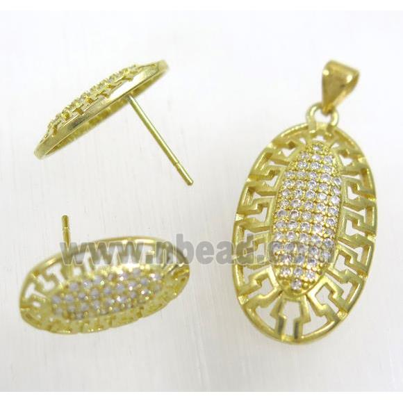 Raw Brass pendant and earring studs paved zircon