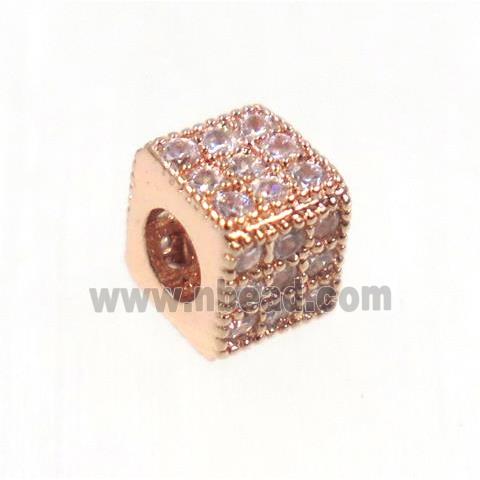 copper cube beads paved zircon, rose gold