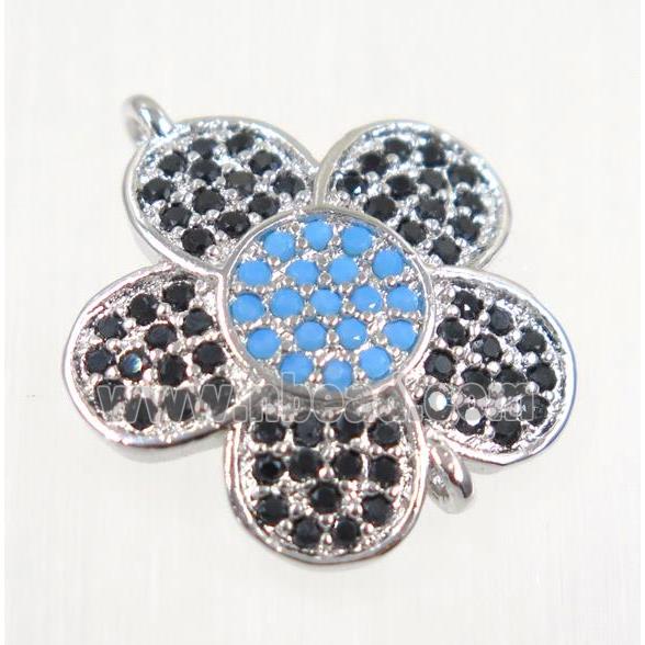 copper flower connector paved zircon, platinum plated