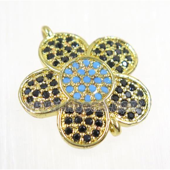 copper flower connector paved zircon, gold plated