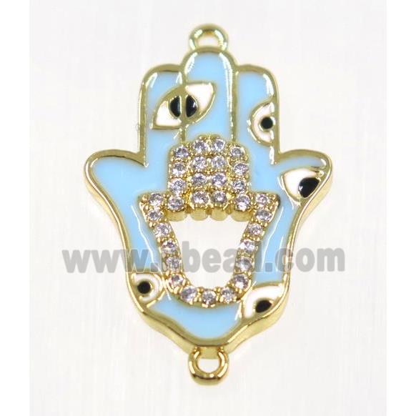 copper Hamsahand connector paved zircon with evil eye, gold plated