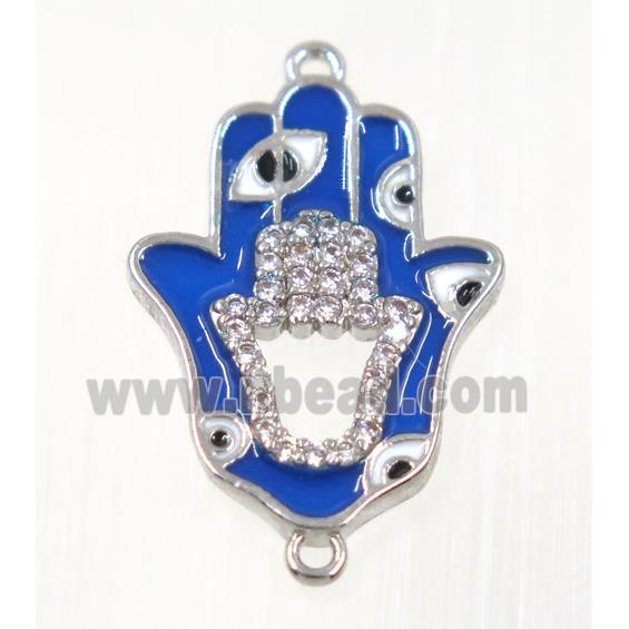 copper Hamsahand connector paved zircon with evil eye, platinum plated