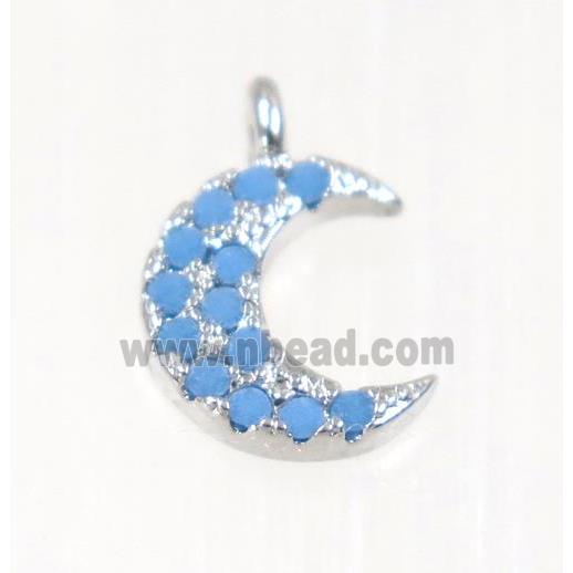 copper Crescent moon pendant paved zircon, platinum plated