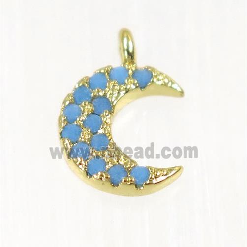 copper Crescent moon pendant paved zircon, gold plated