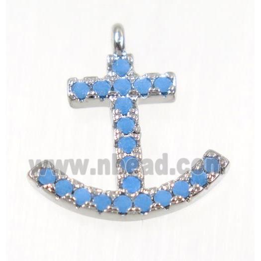 copper Anchor pendant paved zircon, platinum plated