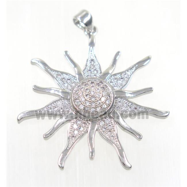 copper SunFlower pendant paved zircon, platinum plated