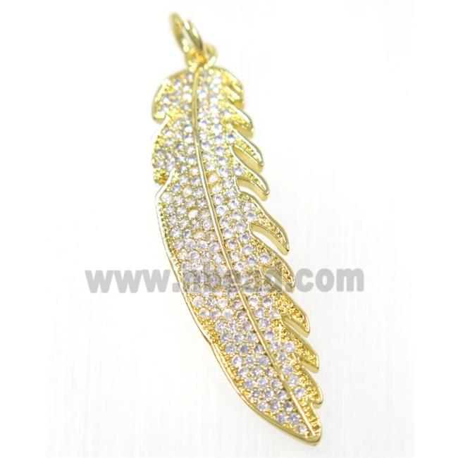 copper Feather pendant paved zircon, gold plated