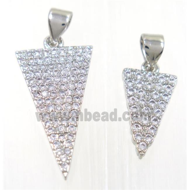 copper Triangle pendant paved zircon, platinum plated