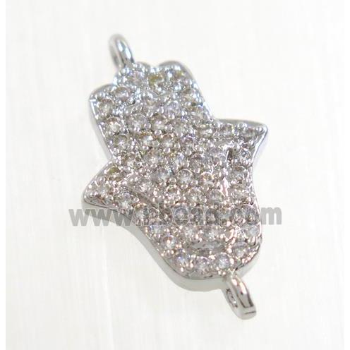 copper hamsahand connector pave zircon, platinum plated