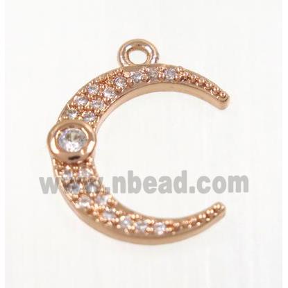 copper crescent moon pendant pave zircon, rose gold