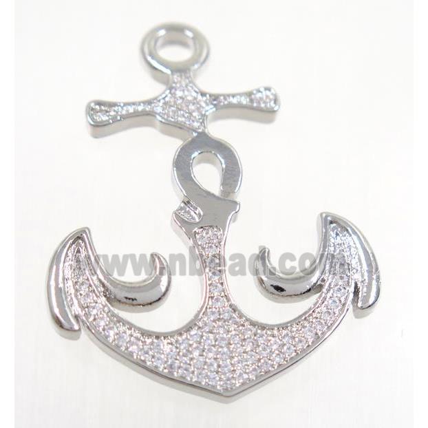 copper anchor pendant pave zircon, platinum plated