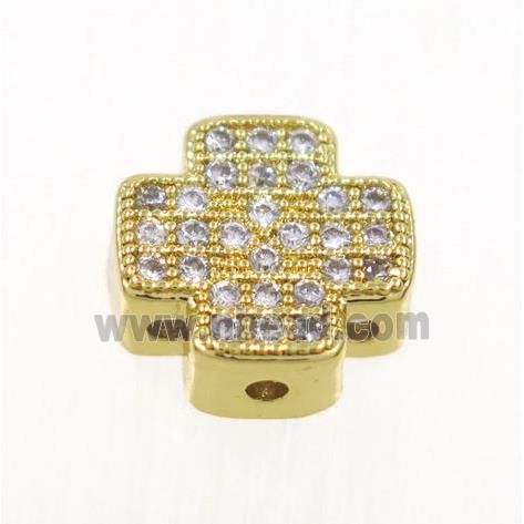 copper cross beads paved zircon, gold plated