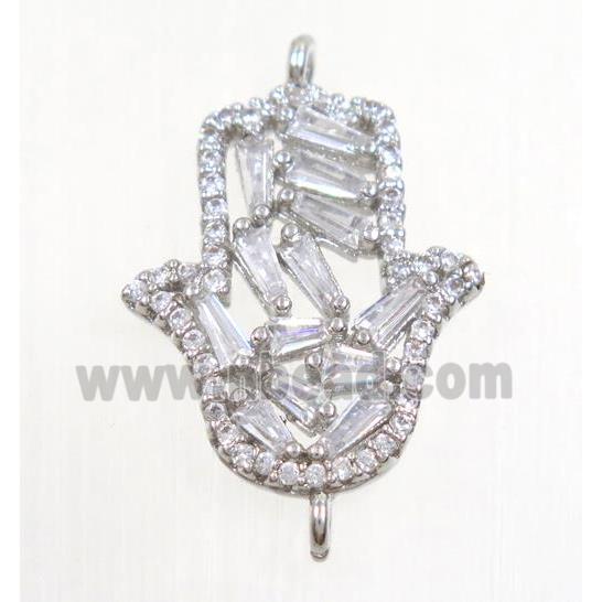 copper Hamsahand connector paved zircon, platinum plated