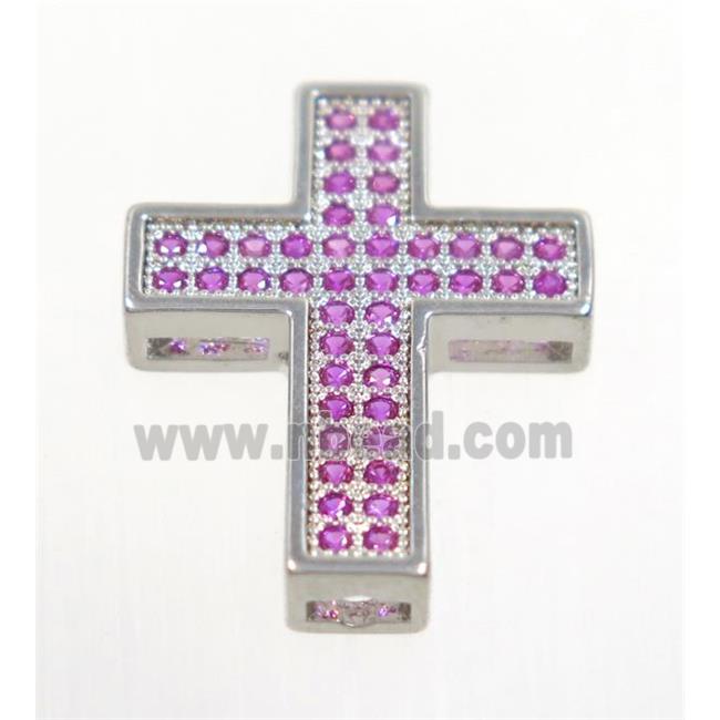 copper Cross beads paved hotpink zircon, platinum plated