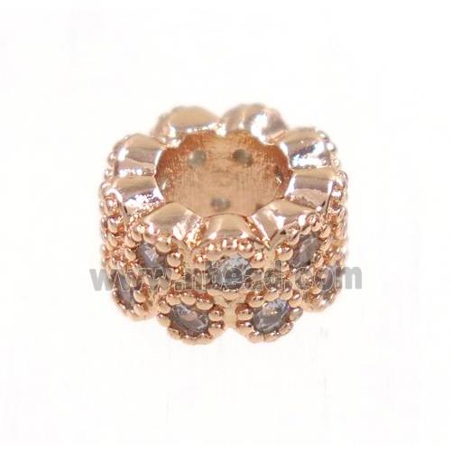 copper rondelle beads paved zircon, rose gold