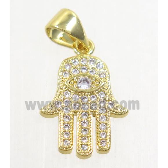 copper hamsahand pendant paved zircon, gold plated