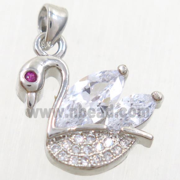 copper swan pendant paved zircon, platinum plated